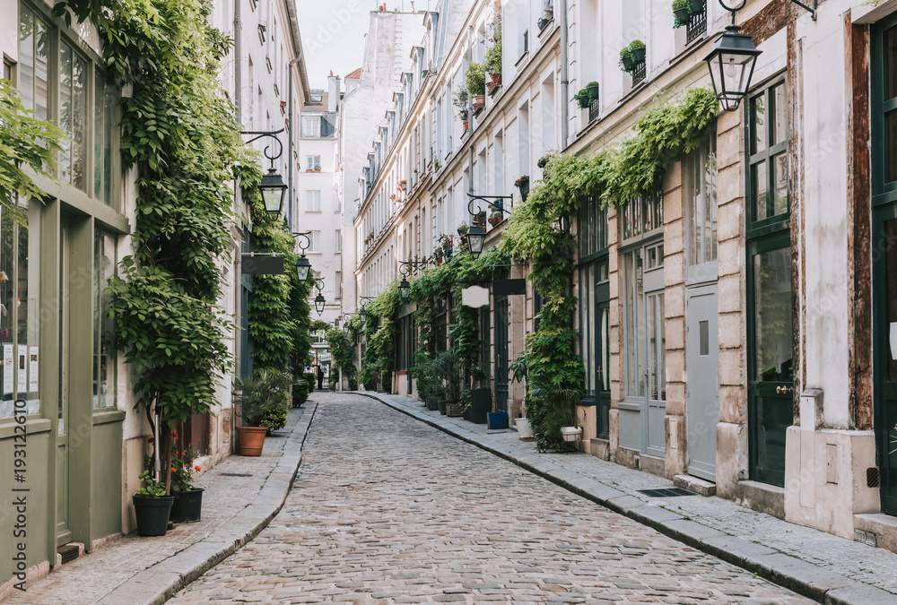 Obraz premium Przytulna ulica w Paryżu, Francja