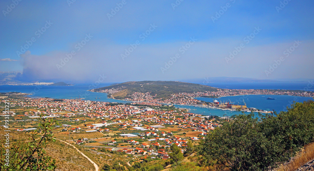 Aerial view at town Trogir in Croatia, small tourist town in suburb of Split, Dalmatia region.