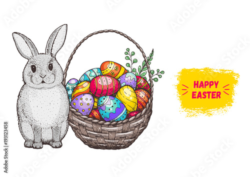 Easter bunny and basket with Easter eggs hand drawn. Vintage vector illustration. Cartoon style, Colorful image.