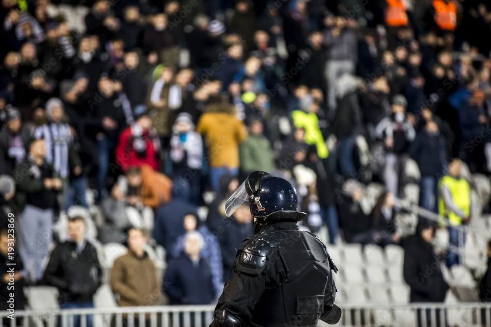 Special police unit at the stadium event secure a safe match against the hooligans - obrazy, fototapety, plakaty 