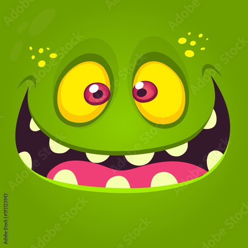 Happy cartoon monster face. Vector Halloween illustration of green excited monster or zombie