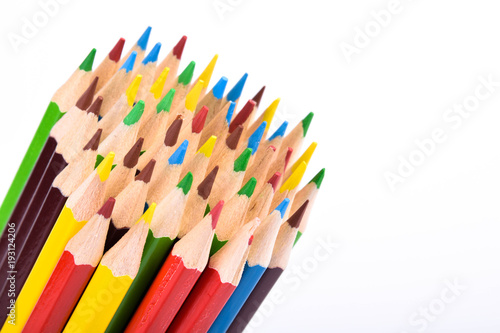  Colorful pencils pattern isolated on white background. Top view colorful of color pencils.Colored pencils, isolated on the white background. Color pencil with copy space isolated on white background,