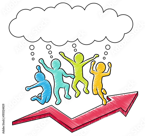 Farbige Strichmännchen: Geschäftsleute beim Freudensprung mit rotem Pfeil nach oben und Sprechblase ( Schraffierte Vektor-Zeichnung