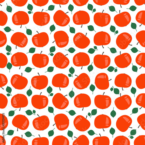  Seamless pattern of red apples with green leaves, vector illustration on white background. 