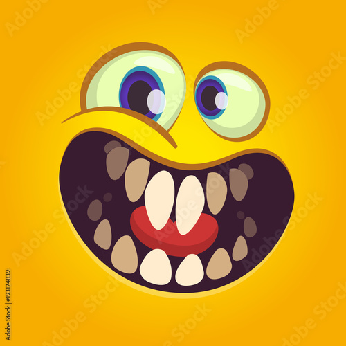 Happy cartoon monster. Vector Halloween excited orange monster with  big mouth smile