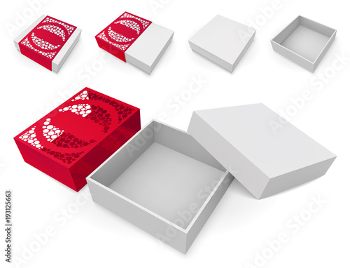 Set of boxes isolated on white background. Different variations. Pack mock-up for shopping. Die-cut sleeve package. Eps10 vector.