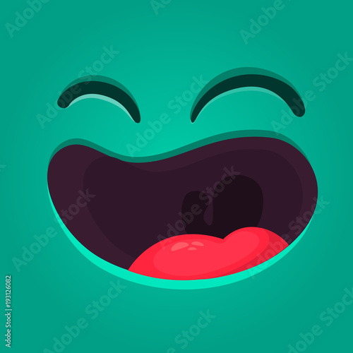 Happy cartoon monster face with no teeth. Vector Halloween laughing monster with big mouth