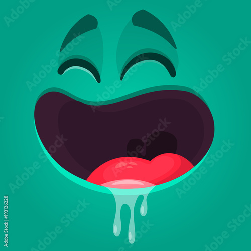 Happy cartoon monster face. Vector Halloween laughing out loud monster with big mouth