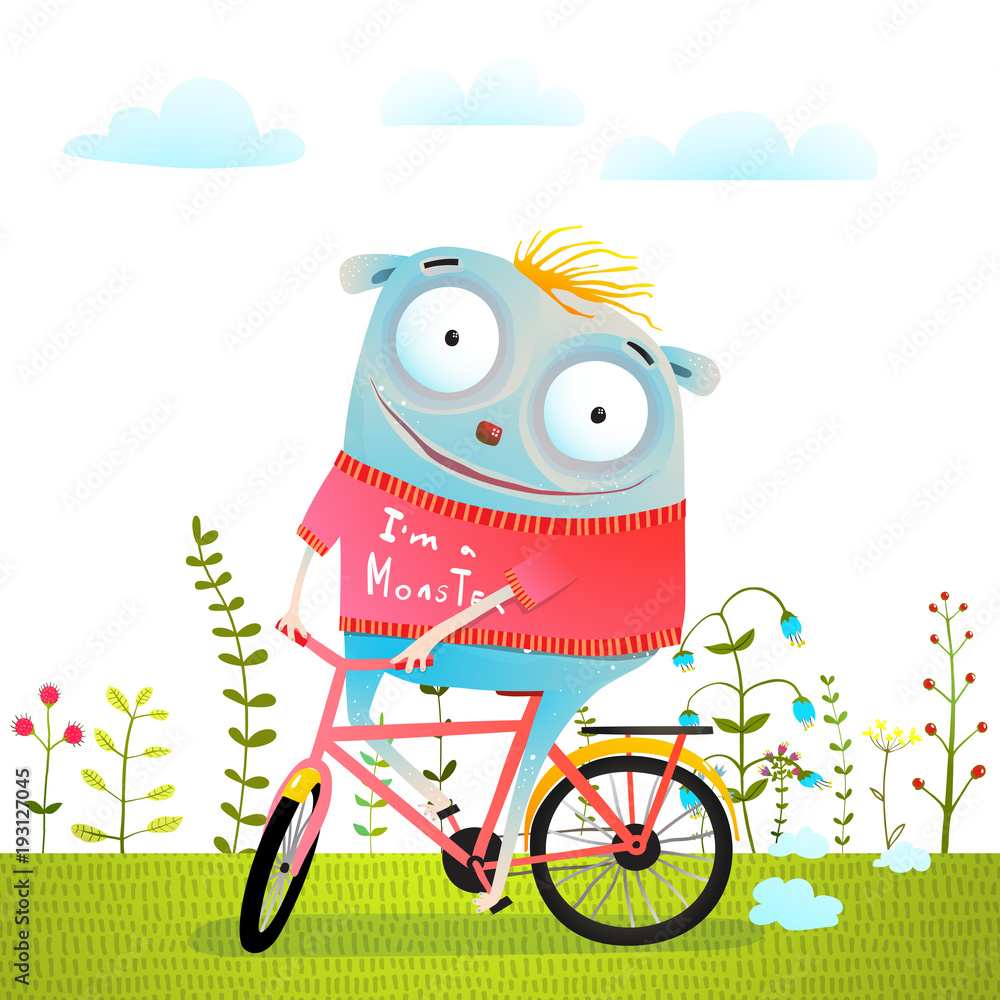 Naklejka premium Happiness and bicycle trip of small monsters. Vector illustration.