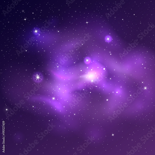 Vector bright universe background with purple and blue nebulas and shiny stars