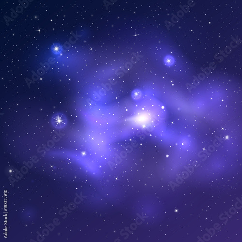 Vector bright universe background with blue nebulas and shiny stars