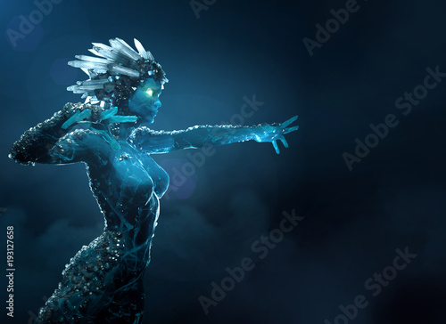 Fotografie, Obraz 3d illustration of stone girl with glowing icy crystal crown and small crystals on the body standing in action pose enchanting