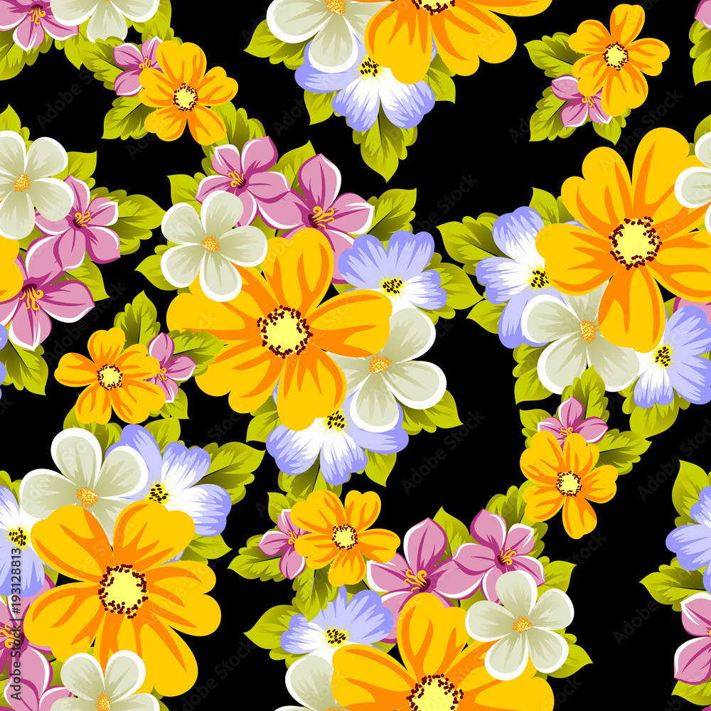 Obraz premium Elegant seamless pattern of flowers on a black background. For the design of cards, invitations, greeting cards, fabrics, banners. For birthday, wedding, party, Valentine's day, holiday.