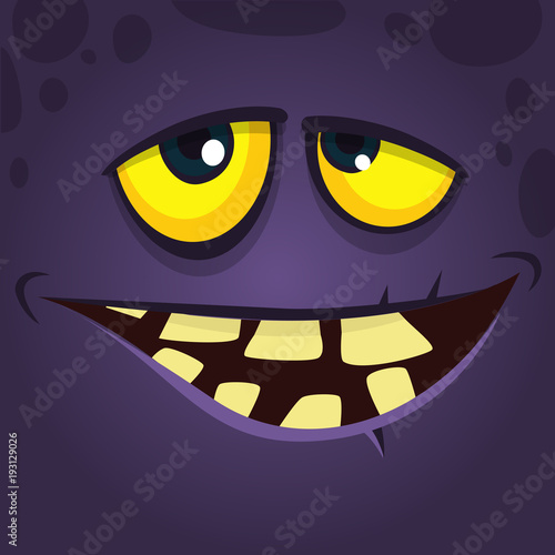 Happy cool cartoon monster face avatar with crooked smile. Vector Halloween black monster character