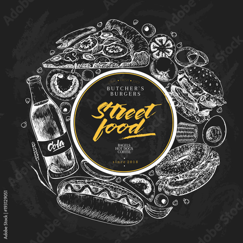 Hand drawn fast food banner. Street food bakery. Burger, hot dog, french fries, pizza, coffee, soda, bagel, donut, waffels. Chalk bord vector illustration restaurant menu street food poster
