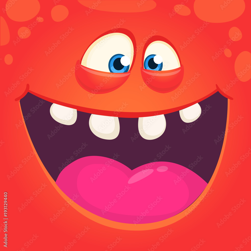 Funny cute cartoon monster face. Vector Halloween red monster with wide  mouth laughing Stock Vector | Adobe Stock