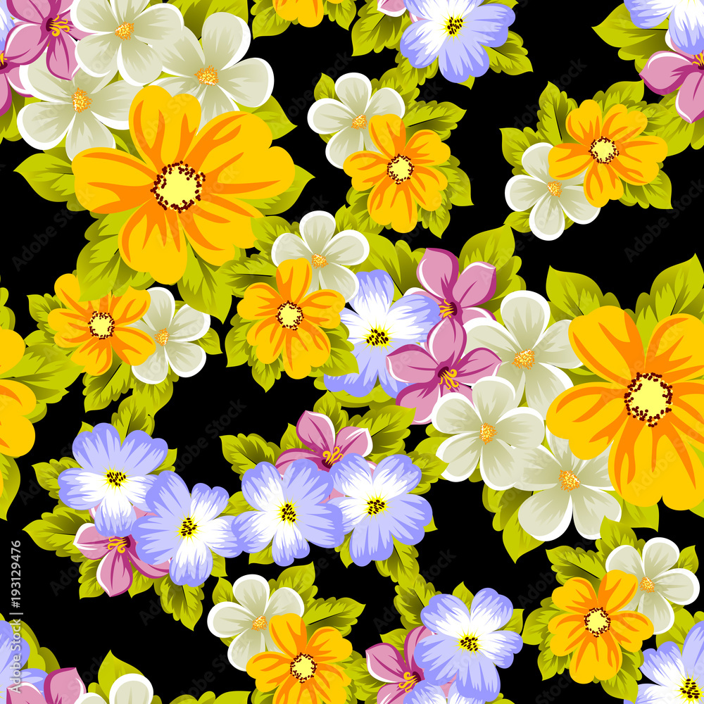 Elegant seamless pattern of flowers on a black background. For the design of cards, invitations, greeting cards, fabrics, banners. For birthday, wedding, party, Valentine's day, holiday. Elegant seamless pattern of flowers on a black background. For the design of cards, invitations, greeting cards, fabrics, banners. For birthday, wedding, party, Valentine's day, holiday.