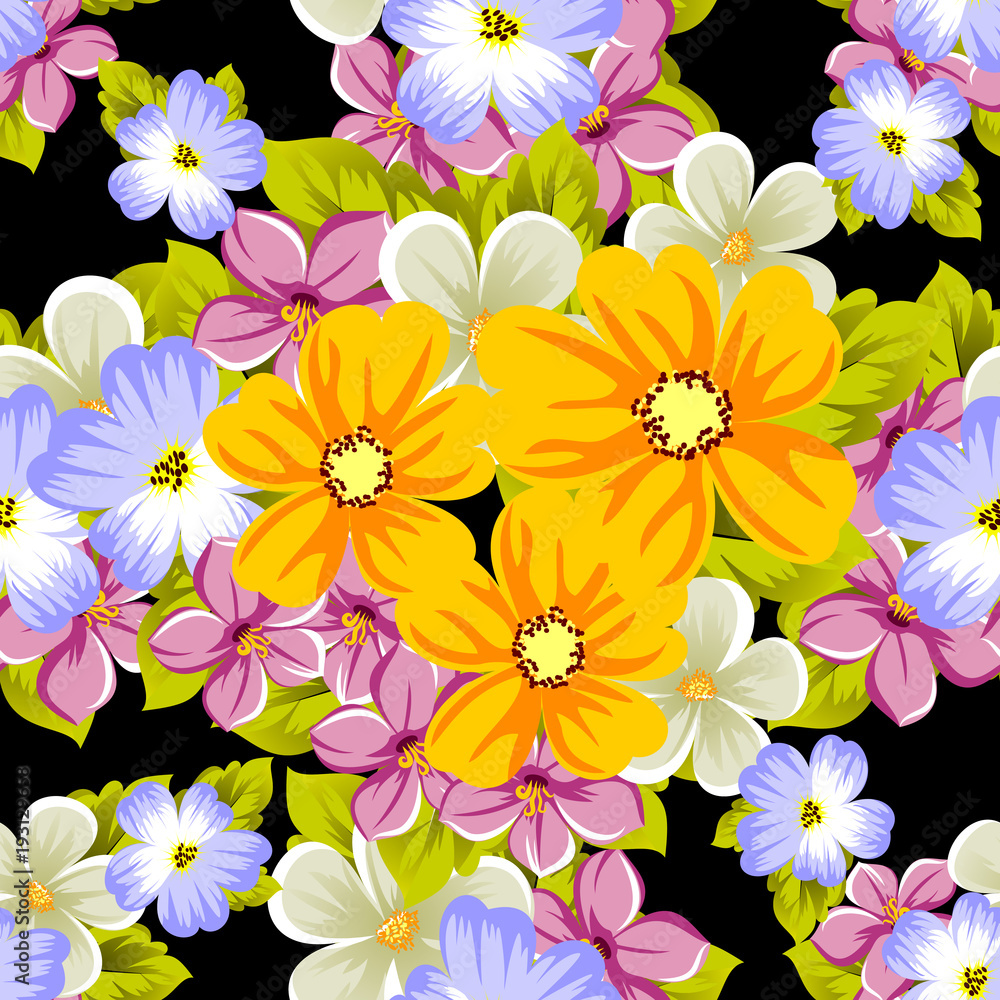Fototapeta premium Elegant seamless pattern of flowers on a black background. For the design of cards, invitations, greeting cards, fabrics, banners. For birthday, wedding, party, Valentine's day, holiday.