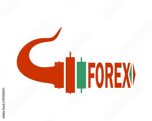 Logo candlestick trading chart analyzing in forex stock market. Exchange broker emblem. Bull horn and candles