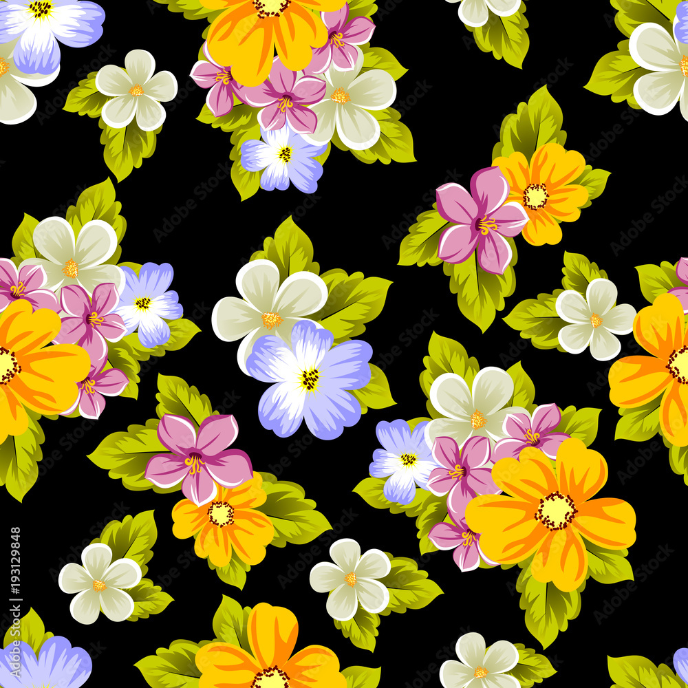 Fototapeta premium Elegant seamless pattern of flowers on a black background. For the design of cards, invitations, greeting cards, fabrics, banners. For birthday, wedding, party, Valentine's day, holiday.
