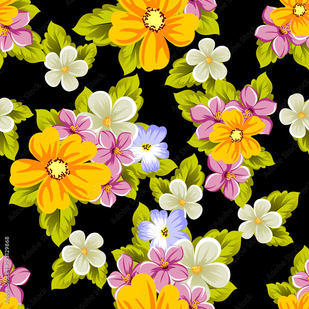 Elegant seamless pattern of flowers on a black background. For the design of cards, invitations, greeting cards, fabrics, banners. For birthday, wedding, party, Valentine's day, holiday. Elegant seamless pattern of flowers on a black background. For the design of cards, invitations, greeting cards, fabrics, banners. For birthday, wedding, party, Valentine's day, holiday.