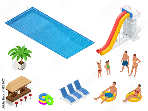 Isometric set icons of Summer water park holiday . Swimming pool and water slides. Vector illustration isolated on white background