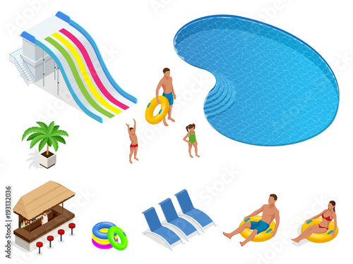 Isometric set icons of Summer water park holiday . Swimming pool and water slides. Vector illustration isolated on white background