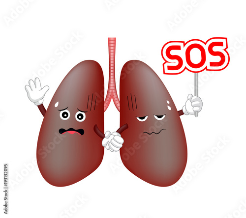 Damage lung troubled character holding SOS sign. Requires care or medical treatment due to disease or impact of adverse on health. health care concept. Illustration isolated on white background.