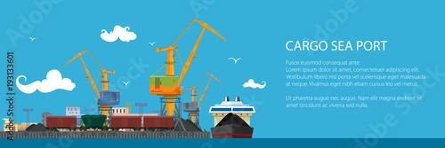 Unloading Coal or Ore from the Dry Cargo Ship, Banner with Sea Freight Transportation, Cargo Transport, Port Warehouses and Cranes and Train, Vector Illustration