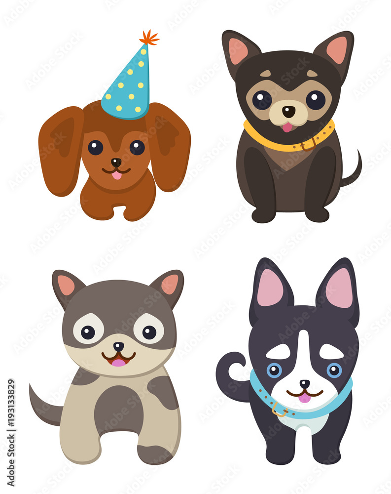 Set of Color Smiling Dogs Vector Illustrations