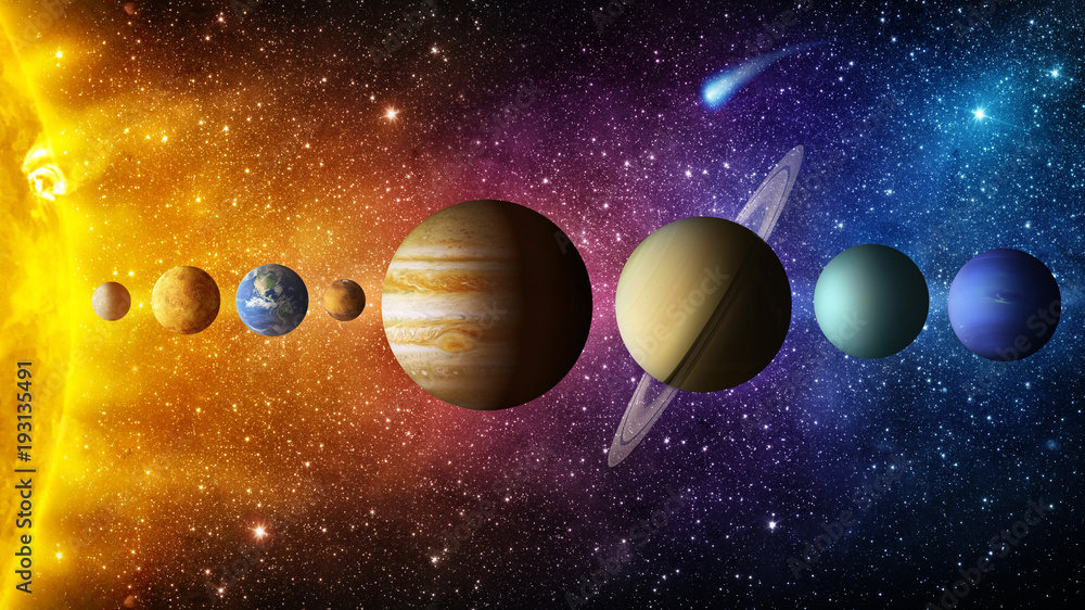 Naklejka premium Planeta Układu Słonecznego, kometa, słońce i gwiazda. Elementy tego zdjęcia dostarczone przez NASA. Słońce, rtęć, Wenus, planeta Ziemia, Mars, Jowisz, Saturn, Uran, Neptun. Wykształcenie i wykształcenie.