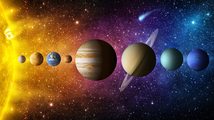 Solar system planet, comet, sun and star. Elements of this image furnished by NASA. Sun, mercury, Venus, planet earth, Mars, Jupiter, Saturn, Uranus, Neptune. Science and education background.