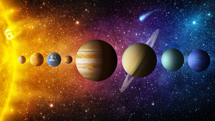 Solar system planet, comet, sun and star. Elements of this image furnished by NASA. Sun, mercury, Venus, planet earth, Mars, Jupiter, Saturn, Uranus, Neptune.  Science and education background.