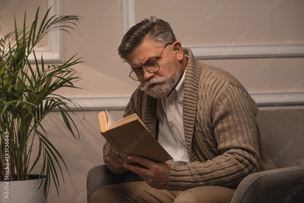 senior man reading book while sitting in comfy armchair senior man reading book while sitting in comfy armchair