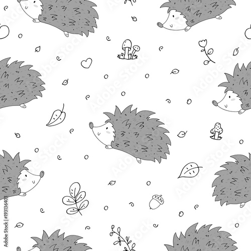 Hand Drawn seamless cute hedgehog pattern vector illustration.
