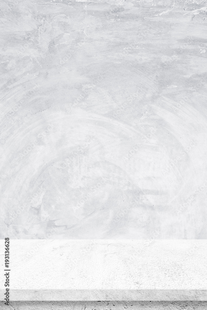 Empty white cement table over gray cement wall background, banner, table top, shelf, counter design for product display montage Empty white cement table over gray cement wall background, banner, table top, shelf, counter design for product display montage