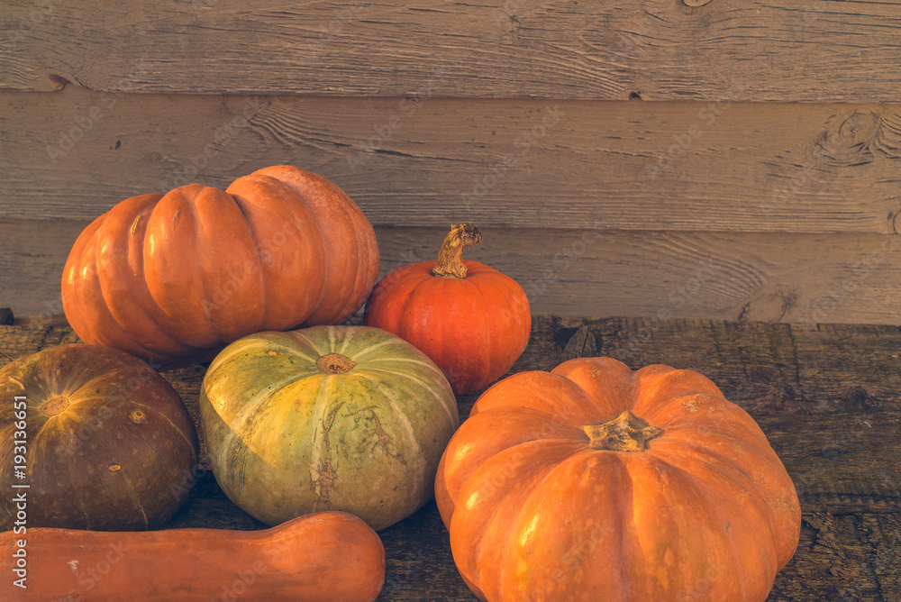 Orange autumn pumpkins on the old rustic table with vintage film colours background Orange autumn pumpkins on the old rustic table with vintage film colours background