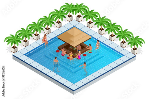 Swimming Pool with Bar Isometric Vector Illustration. young people swim in the pool, relax and drink cocktails at the bar.