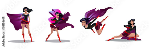 Comic superwoman actions in different poses. Female superhero vector cartoon characters. Illustration of superhero woman cartoon