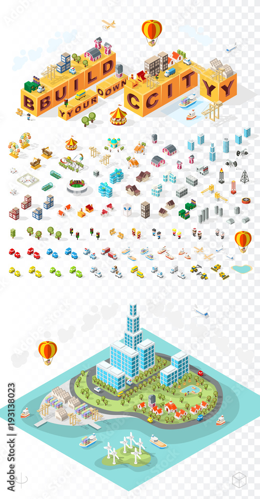 Build Your Own City . Set of Isolated Minimal City Vector Elements on Transparent Background