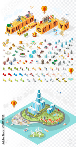 Fototapeta Naklejka Na Ścianę i Meble -  Build Your Own City . Set of Isolated Minimal City Vector Elements on Transparent Background