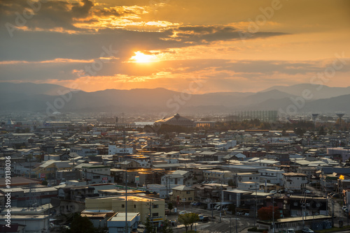 Aerial view of Hirosaki town on sunrise