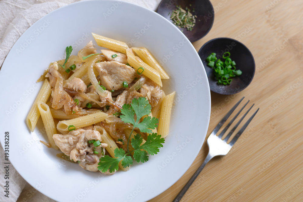 Stir fried Pene Rigate with chicken meat Stir fried Pene Rigate with chicken meat