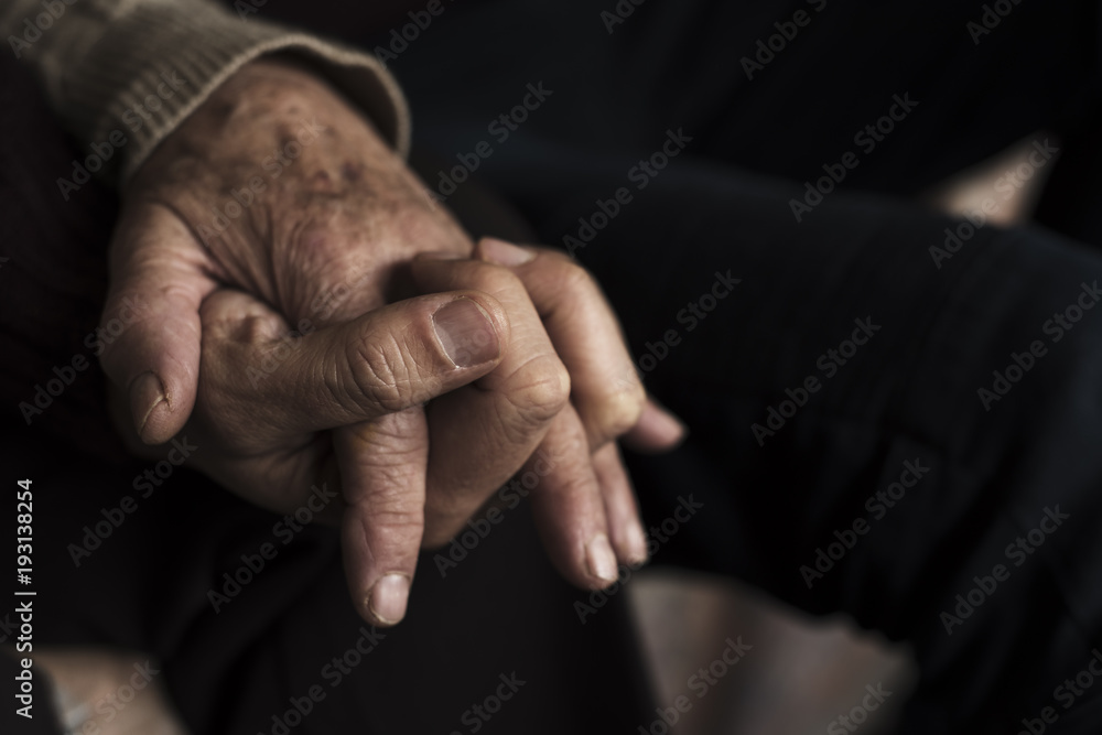 young man holding the hand of an old woman