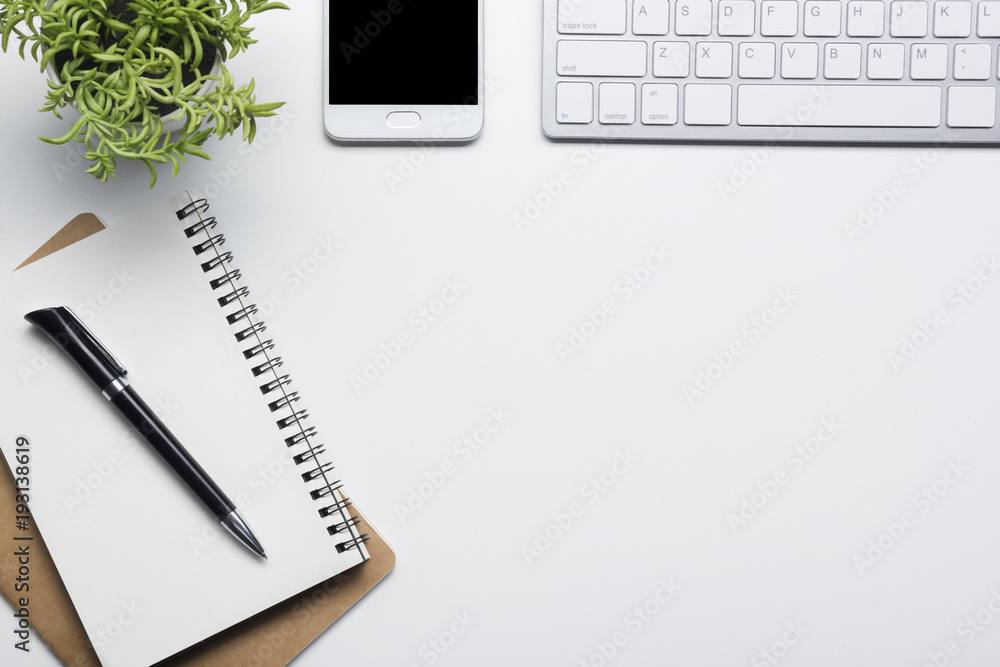 Office desk table with supplies. Flat lay Business workplace and objects. Top view. Copy space for text Office desk table with supplies. Flat lay Business workplace and objects. Top view. Copy space for text