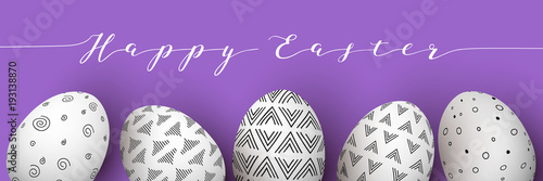 Happy Easter. Easter white eggs in row with monochrome simple decoration on purple background. simple Nordic ornaments