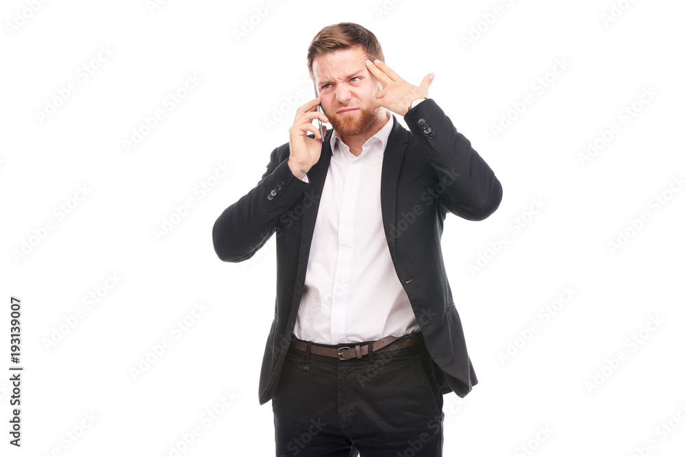 Portrait of young businessman with mobile phone on white background Portrait of young businessman with mobile phone on white background