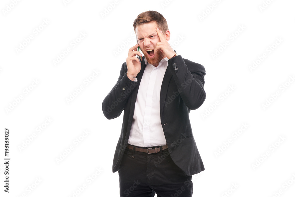 Portrait of young businessman with mobile phone on white background Portrait of young businessman with mobile phone on white background