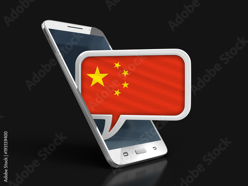 Touchscreen smartphone and Speech bubble with Chinese flag. Image with clipping path