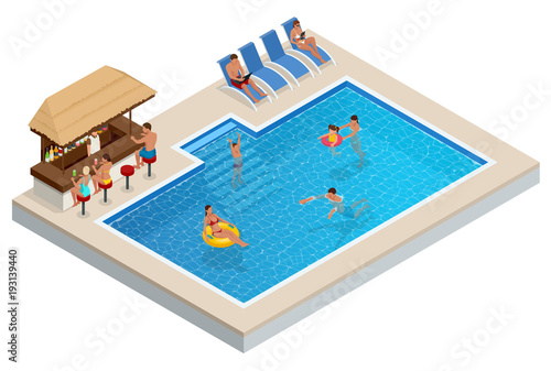 Isometric Aqua Park with bar, water pool, people or visitors. Vector illustration isolated on white background